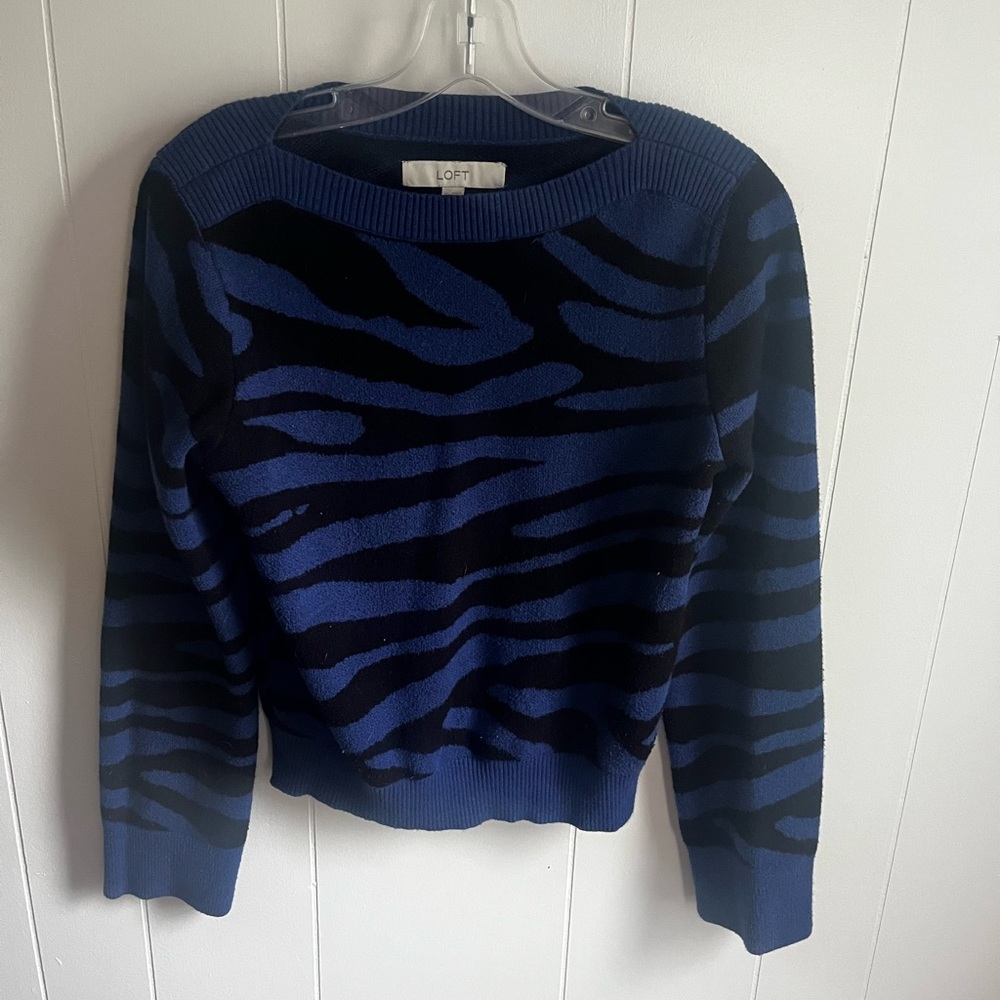 LOFT Blue and Black Crew Neck Sweater